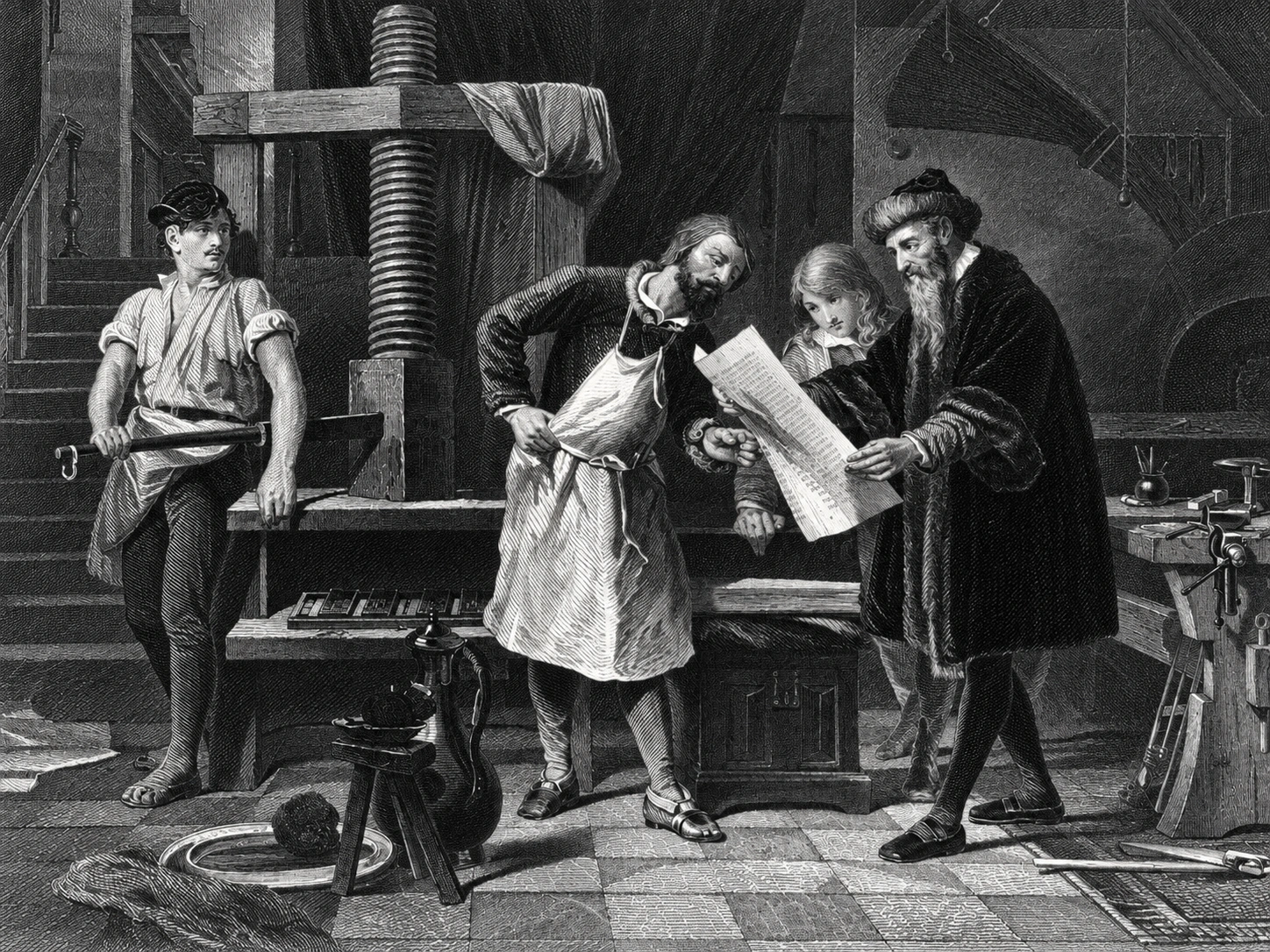 Gutenberg prüft den ersten Druckbogen an der Druckerpresse – restaurierte Illustration nach einem Stahlstich von 1869
