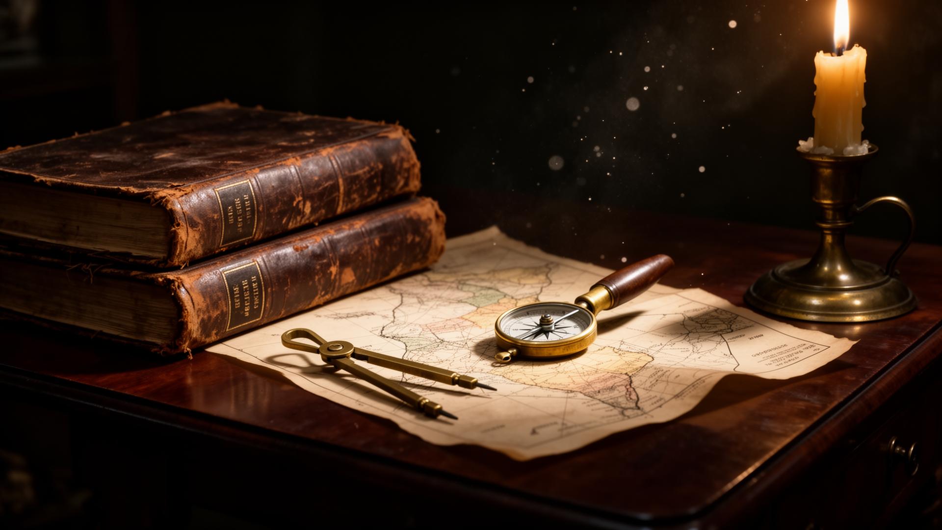 Antique books, military map, brass compass and candle on a mahogany desk