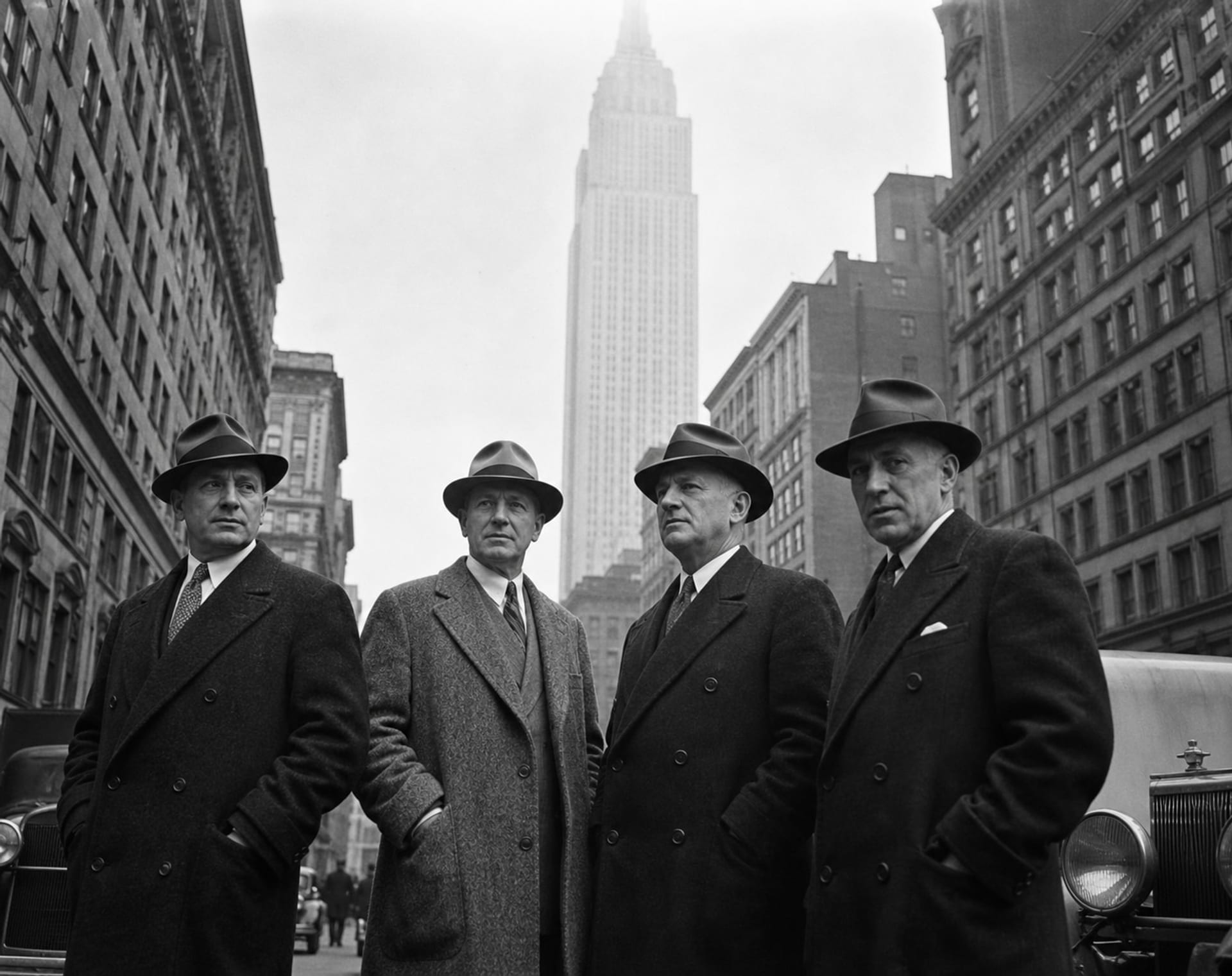 Vier Industrielle vor der Skyline New Yorks